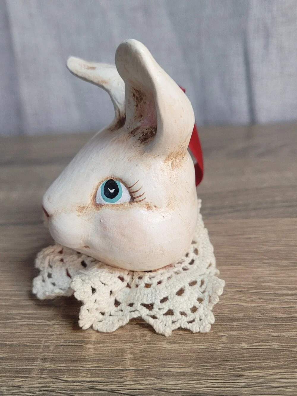 Vintage Whimsical Hand-Painted Bunny Rabbit Ornament W/ Lace Collar Farmhouse